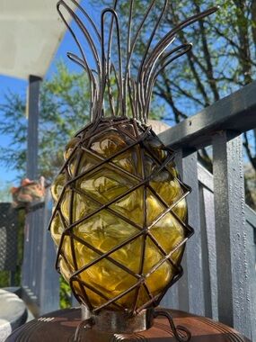 RARE FIND! Eclectic Mid-Century Amber Blown Glass and Metal Pineapple Art